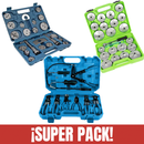 Combo Extra Automoción con extractores de filtros, reposicionador de pistones y alicates para abrazaderas.