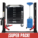 Combo Pro-Motor con elevador de dos columnas de 4,2 toneladas, carro de herramientas equipado y recogedor de aceite de 70 litros