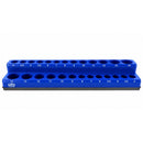 Organizador magnético SATRA S-90265 azul para vasos cortos y largos de 1/4", con dos filas de alojamientos numerados y sin vasos.