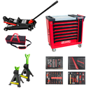 Pack Atlanta Trío Taller con carro rojo de 175 herramientas, gato hidráulico de 2T con bolsa y dos caballetes de 3T.