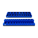 Dos organizadores magnéticos SATRA azules para vasos de 1/4" y 1/2", con alojamientos vacíos y medidas numeradas.