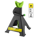 Detalle de un caballete negro y verde con pictogramas de capacidad de 3T y presentación en juego de dos unidades.
