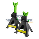 Juego de dos caballetes regulables de 3T para vehículos, con bases negras y apoyos verdes a diferentes alturas.